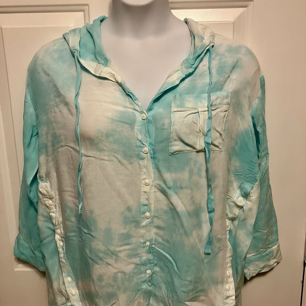 Fate Size S Small Pastel Aqua Blue White Tie Dye Boho Hoodie Shirt Top Women's